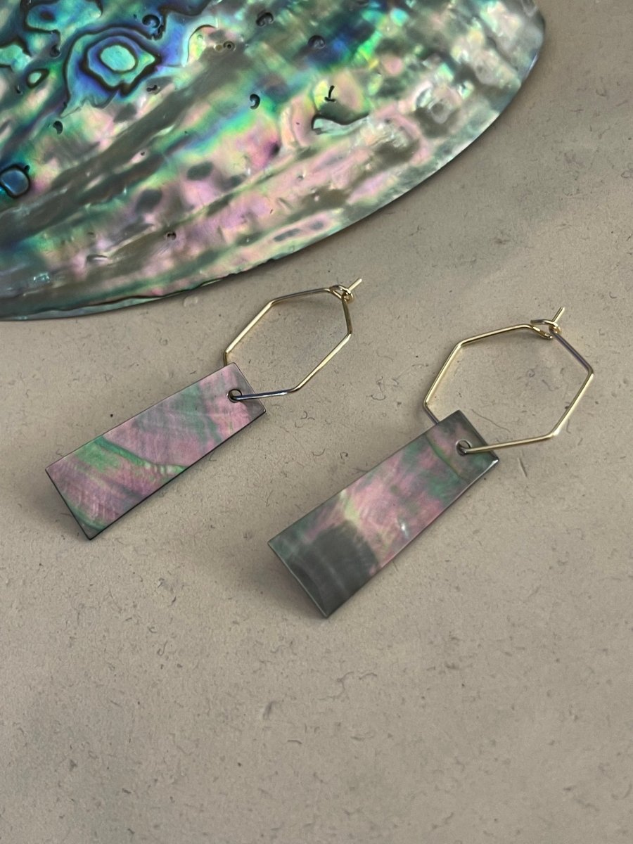 Geometric Abalone on Hexagon Hoops - Sunday Girl by Amy DiLamarraHoop Earrings